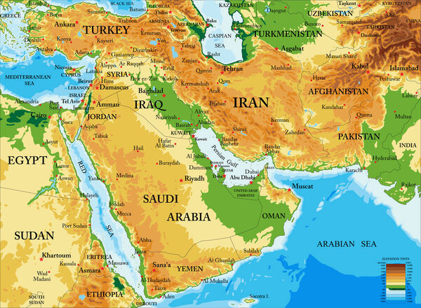 Middle East highly detailed physical map ,in vector format,with all the relief forms.