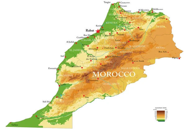 Maroko Bardzo Szczegółowa Mapa Fizyczna Formacie Wektorowym Wszystkimi Formami Pomocy — Wektor stockowy