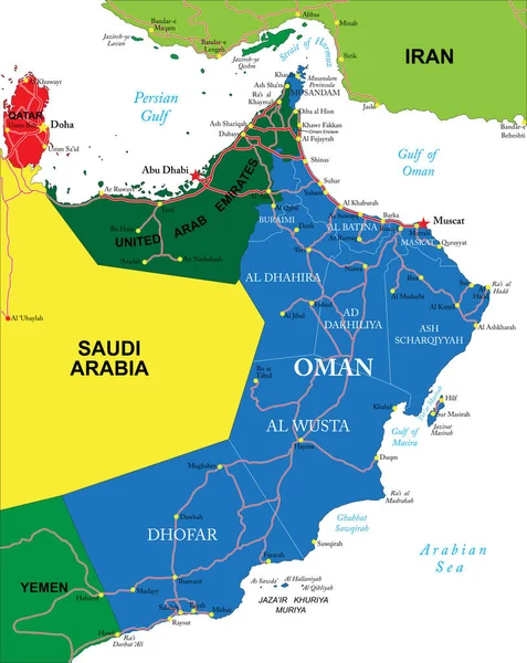 Oman Mycket Detaljerad Vektorkarta Med Administrativa Regioner Större Städer Och — Stock vektor