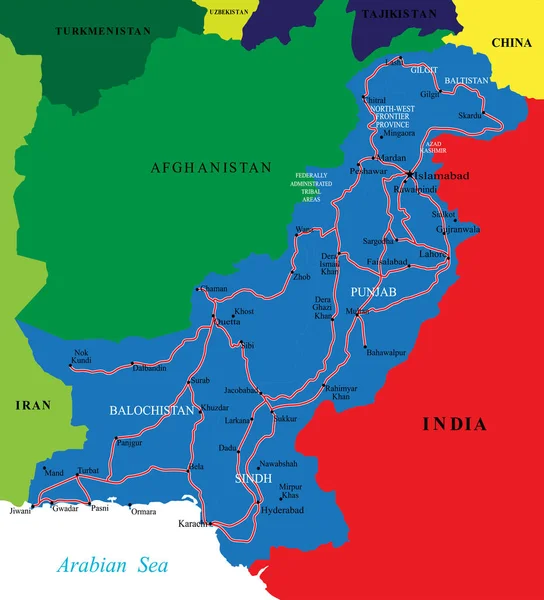 Pakistan Mappa Vettoriale Molto Dettagliata Con Tutte Diverse Regioni Amministrative — Vettoriale Stock