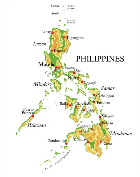 Filipinas Mapa Físico Altamente Detallado Formato Vectorial Con Todas Las — Vector de stock