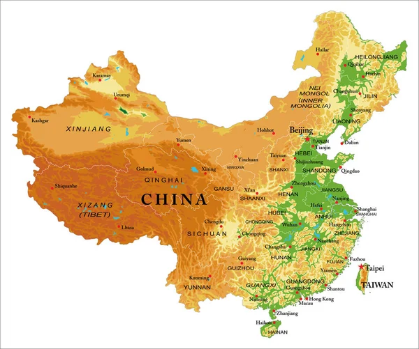 China Mapa Físico Altamente Detallado Formato Vectorial Con Todas Las — Vector de stock