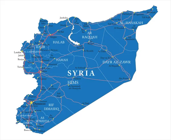 Siria Mappa Vettoriale Altamente Dettagliata Con Regioni Amministrative Principali Città — Vettoriale Stock