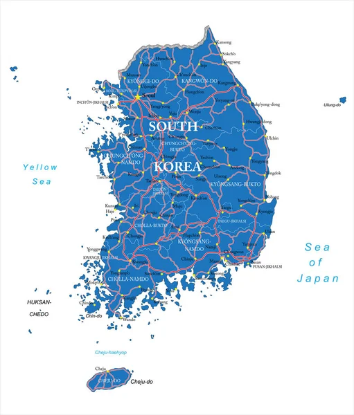 İdari bölgeleri, ana şehirleri ve yolları olan Güney Kore 'nin son derece ayrıntılı vektör haritası.