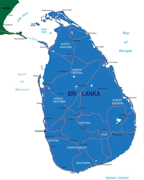 Sri Lanka Detaillierte Vektorkarte Mit Ländergrenzen Landkreisnamen Hauptstraßen Und Einer — Stockvektor