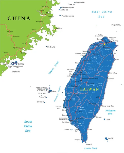 Taiwán Mapa Vectorial Altamente Detallado Con Regiones Administrativas Ciudades Principales — Vector de stock