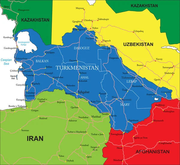 Türkmenisztán Rendkívül Részletes Vektortérképe Közigazgatási Régiókkal Főbb Városokkal Utakkal — Stock Vector