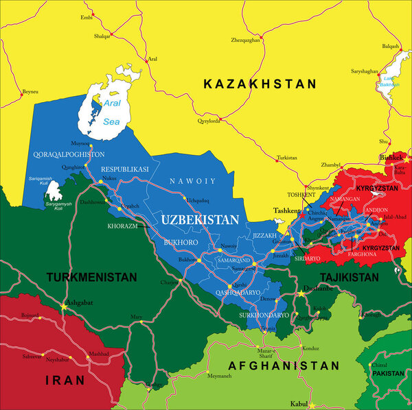 Highly detailed vector map of Uzbekistan with administrative regions, main cities and roads.