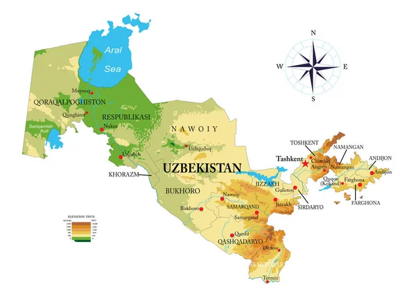 Mapa Físico Altamente Detallado Uzbekistán Formato Vectorial Con Todas Las — Vector de stock