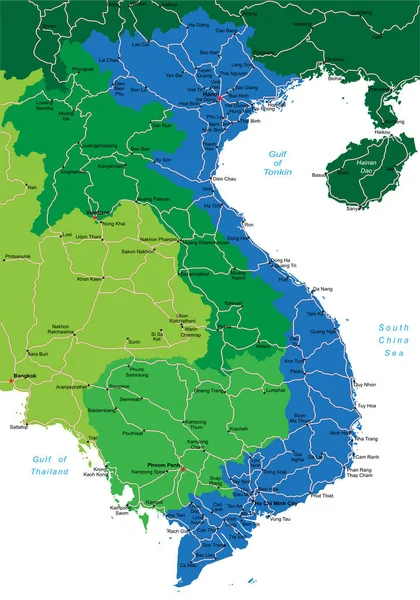 Vietnam Mapa Vectorial Detallado Con Fronteras Nacionales Nombres Condados Carreteras — Vector de stock
