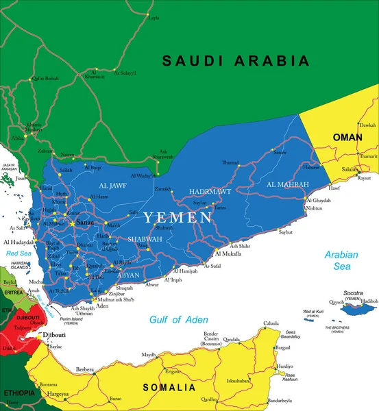 Εξαιρετικά Λεπτομερής Διανυσματικός Χάρτης Της Υεμένης Διοικητικές Περιφέρειες Κύριες Πόλεις — Διανυσματικό Αρχείο