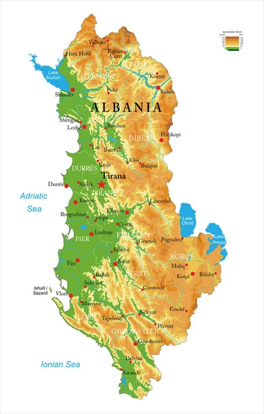 Mapa Físico Altamente Detallado Albania Formato Vectorial Con Todas Las — Vector de stock