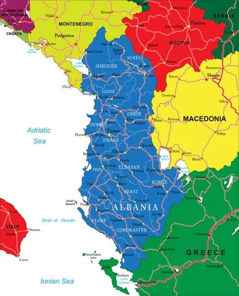 Високо Деталізована Векторна Карта Албанії Адміністративними Регіонами Головними Містами Дорогами — стоковий вектор