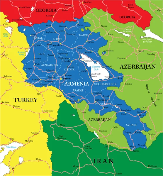 Mappa Vettoriale Altamente Dettagliata Dell Armenia Con Regioni Amministrative Principali — Vettoriale Stock