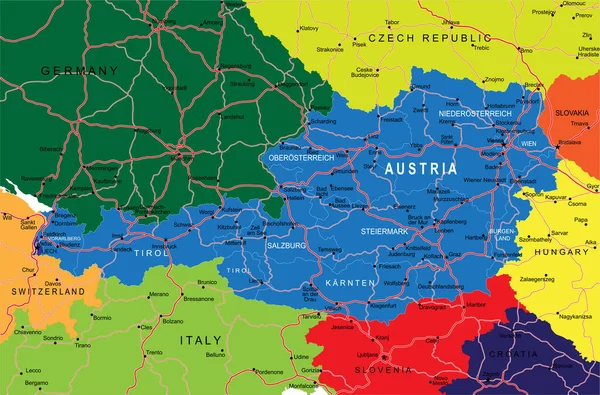 Високо Деталізована Векторна Карта Австрії Адміністративними Регіонами Головними Містами Дорогами — стоковий вектор