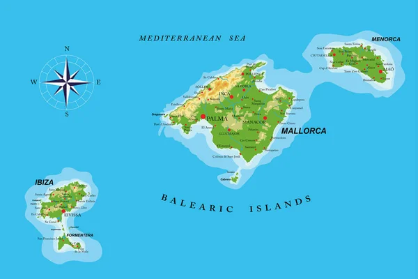 Mapa Físico Altamente Detalhado Das Ilhas Baleares Formato Vetorial Com —  Vetores de Stock