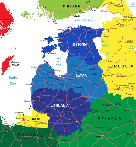 Високо Деталізована Векторна Карта Країн Балтії Адміністративними Регіонами Головними Містами — стоковий вектор