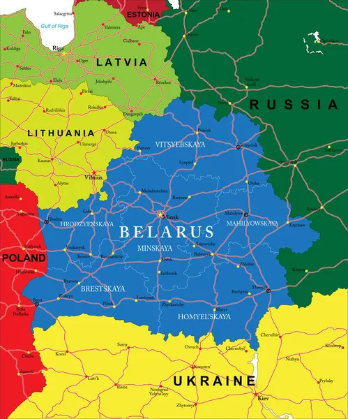 Mapa Vectorial Altamente Detallado Bielorrusia Con Regiones Administrativas Ciudades Principales — Archivo Imágenes Vectoriales