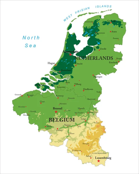 Mapa Físico Altamente Detalhado Benelux Vetor —  Vetores de Stock