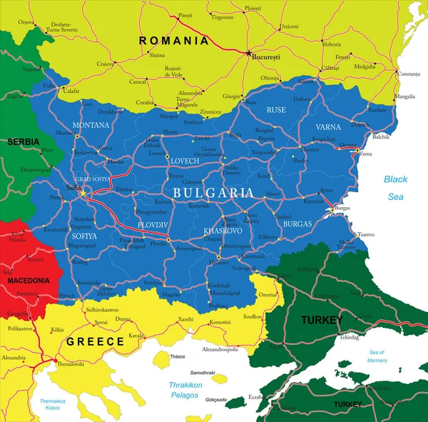 具有行政区 主要城市和公路的保加利亚高度详细的矢量图 — 图库矢量图片