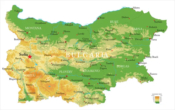 Bulgaristan 'ın tüm yardım formları, bölgeleri ve büyük şehirleriyle birlikte, vektör formatında son derece ayrıntılı fiziksel haritası.