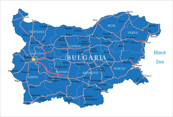 Mapa Vectorial Altamente Detallado Bulgaria Con Regiones Administrativas Ciudades Principales — Vector de stock