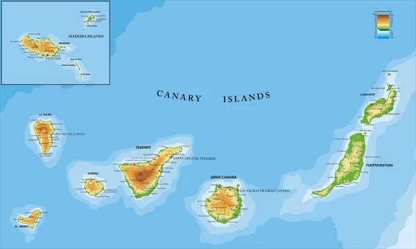 Sehr Detaillierte Physische Karte Der Kanarischen Inseln Und Madeiras Vektorformat — Stockvektor