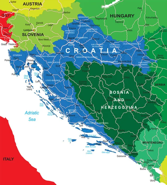 Mapa Vectorial Altamente Detallado Croacia Con Regiones Administrativas Ciudades Principales — Vector de stock