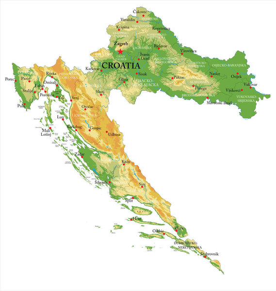 Highly detailed physical map of the Croatia, in vector format,with all the relief forms,regions and big cities.