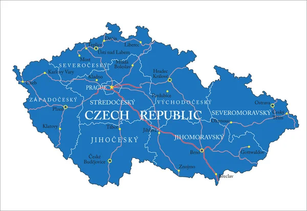 Carte Vectorielle Très Détaillée République Tchèque Avec Les Régions Administratives — Image vectorielle