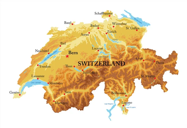 Mappa Fisica Della Svizzera Molto Dettagliata Formato Vettoriale Con Tutte — Vettoriale Stock