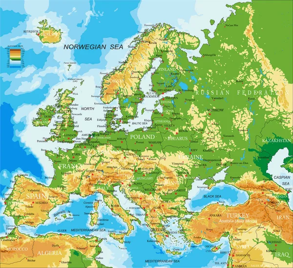 Mapa Físico Altamente Detalhado Europa Formato Vetorial Com Todas Formas —  Vetores de Stock