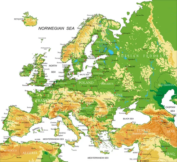 Avrupa 'nın son derece detaylı fiziksel haritası, vektör formatında, tüm yardım formları, ülkeler ve büyük şehirlerle.