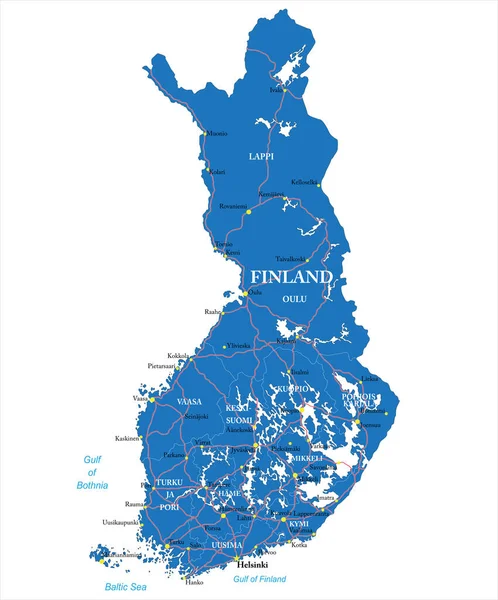 具有行政区 主要城市和公路的芬兰高度详细的矢量地图 — 图库矢量图片