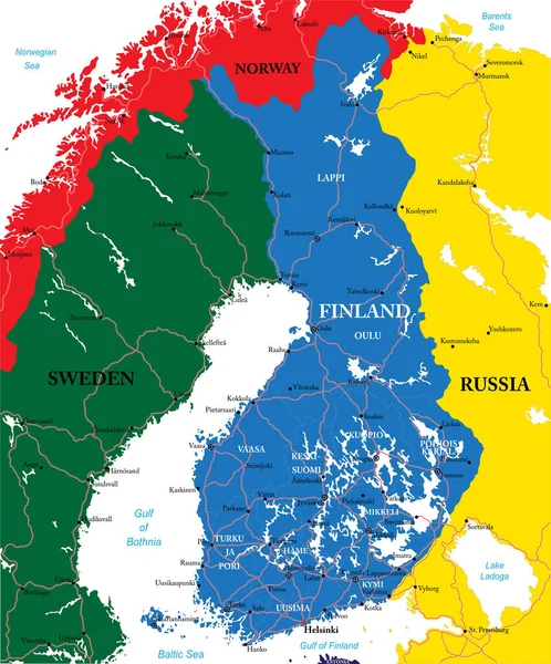 Bardzo Szczegółowa Mapa Wektorowa Finlandii Regionami Administracyjnymi Głównymi Miastami Drogami — Wektor stockowy