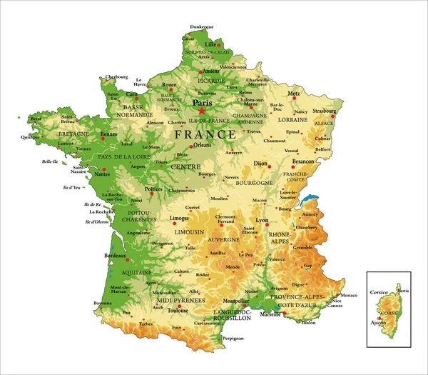 Mappa Fisica Molto Dettagliata Della Francia Formato Vettoriale Con Tutte — Vettoriale Stock