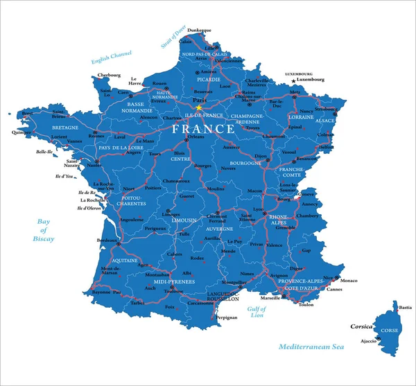 Vysoce Podrobná Vektorová Mapa Francie Hlavními Regiony Městy Silnicemi Sousedními — Stockový vektor