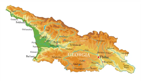 Mappa Fisica Altamente Dettagliata Della Georgia Formato Vettoriale Con Tutte — Vettoriale Stock