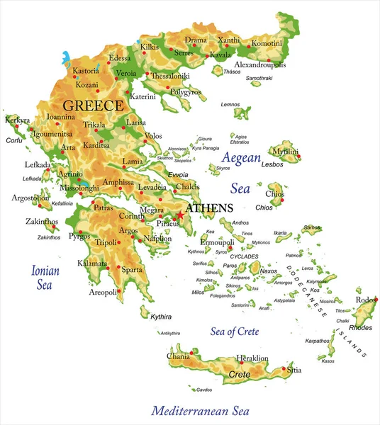 希腊非常详细的物理地图 以矢量格式显示 包括所有的地形 区域和大城市 — 图库矢量图片