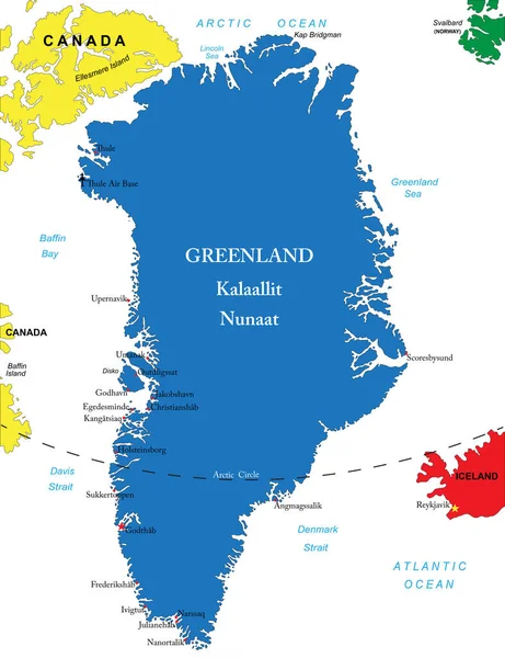 Grönland Rendkívül Részletes Vektortérképe Közigazgatási Régiókkal Főbb Városokkal — Stock Vector