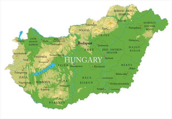 匈牙利非常详细的物理地图 以矢量格式显示 包括所有的地形 区域和大城市 — 图库矢量图片