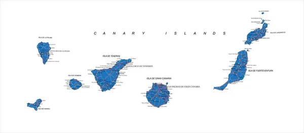 Mapa Vectorial Altamente Detallado Canarias Con Regiones Administrativas Principales Ciudades — Vector de stock