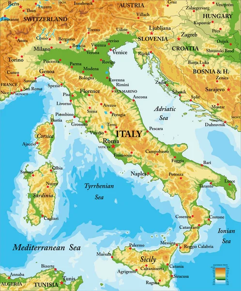 Mapa Físico Altamente Detallado Italia Formato Vectorial Con Todas Las — Vector de stock