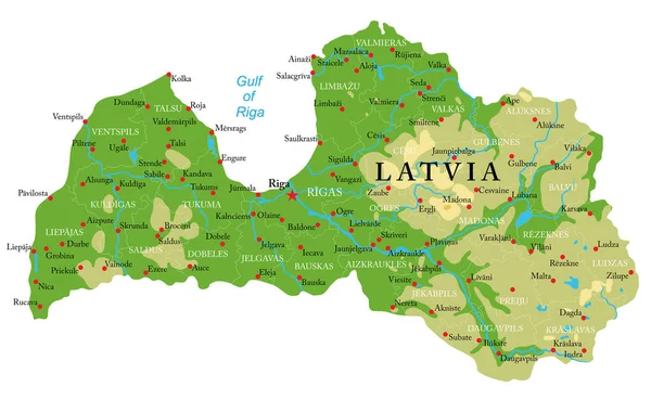 Mappa Fisica Altamente Dettagliata Della Lettonia Formato Vettoriale Con Tutte — Vettoriale Stock