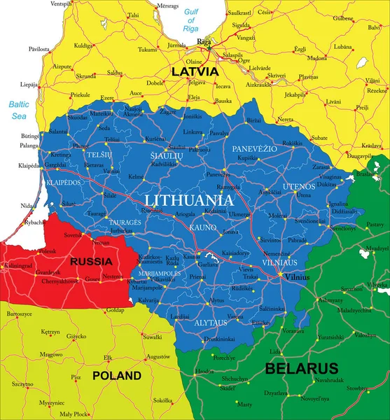 Mapa Vectorial Altamente Detallado Lituania Con Regiones Administrativas Ciudades Principales — Vector de stock