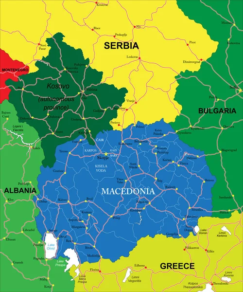 Mapa Vectorial Altamente Detallado Macedonia Con Regiones Administrativas Ciudades Principales — Vector de stock