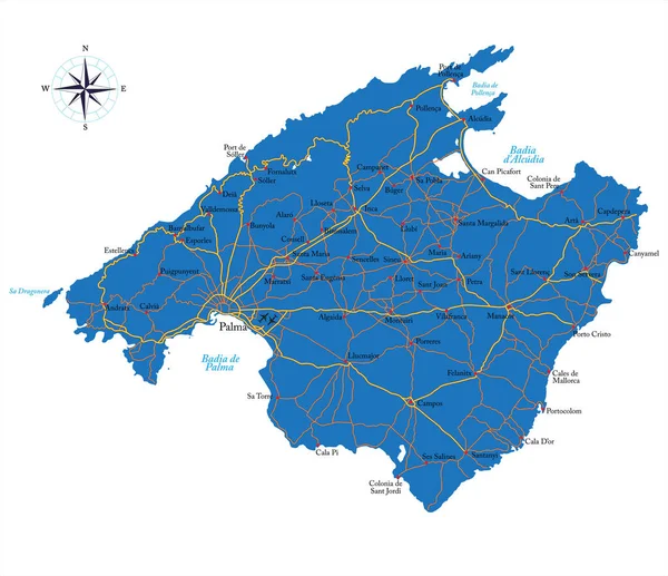 Mycket Detaljerad Vektorkarta Över Mallorca Med Administrativa Regioner Större Städer — Stock vektor