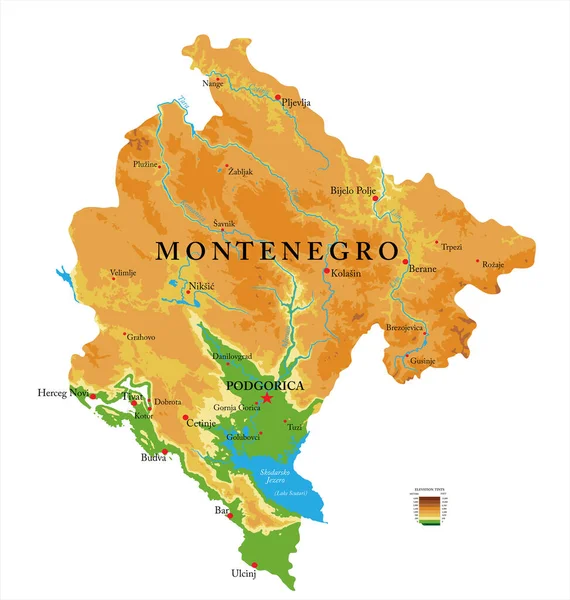 黑山非常详细的物理地图 以矢量格式显示 包括所有的地形 区域和大城市 — 图库矢量图片