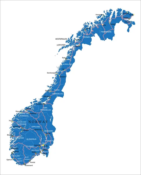 Mapa Vectorial Altamente Detallado Noruega Con Regiones Administrativas Ciudades Principales — Vector de stock