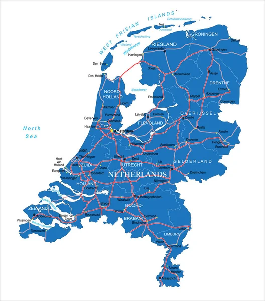 Mappa Vettoriale Altamente Dettagliata Dei Paesi Bassi Con Regioni Amministrative — Vettoriale Stock